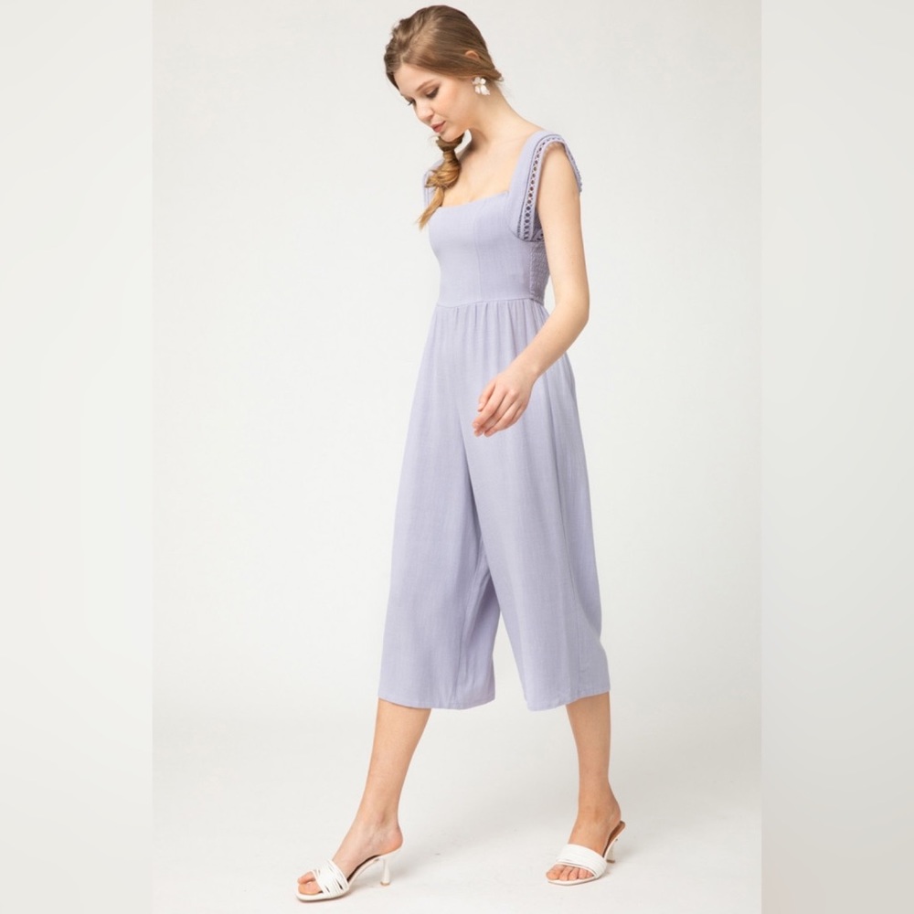 Entro | Layla Solid Smocked Cropped Jumpsuit Crochet Lilac Linen Purple Large - Picture 5 of 13